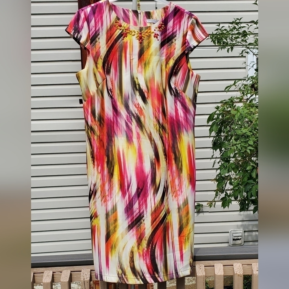Madison Leigh Pink, Yellow, & Brown Swirled Stripe Beaded Neck Straight Dress